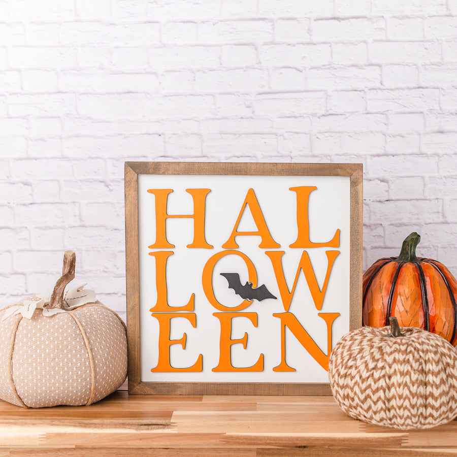 Halloween with Bat | 14x14 inch Wood Sign