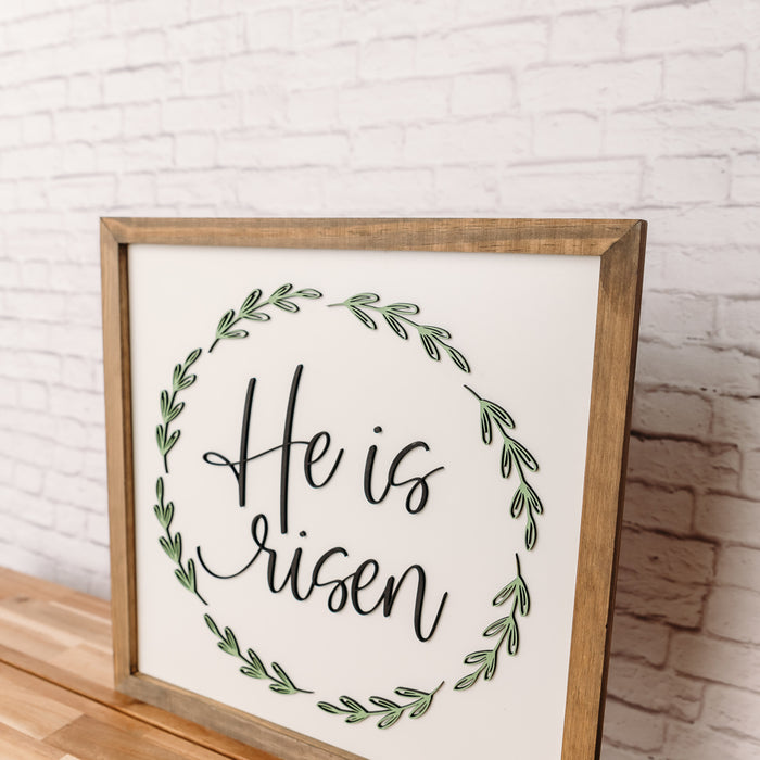 He Is Risen Wreath Sign | 16x16 inch Wood Sign