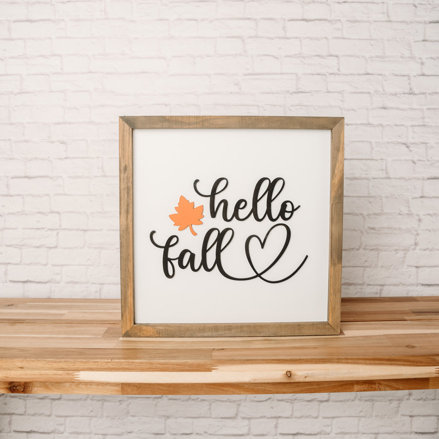 Hello Fall with Leaf | 14x14 inch Wood Framed Sign | 3D Lettering – The ...