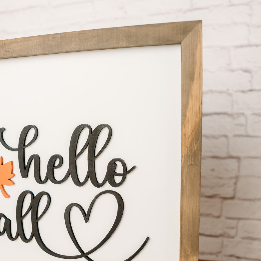 Hello Fall with Leaf | 14x14 inch Wood Framed Sign | 3D Lettering