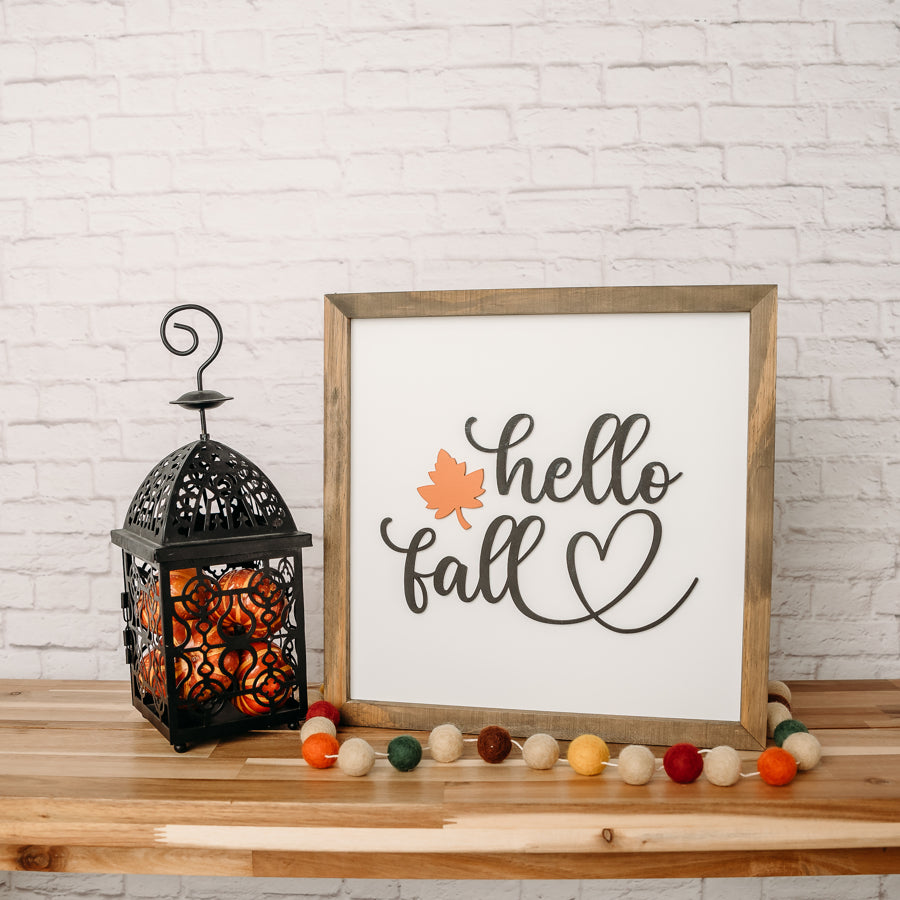 Hello Fall with Leaf | 14x14 inch Wood Framed Sign | 3D Lettering