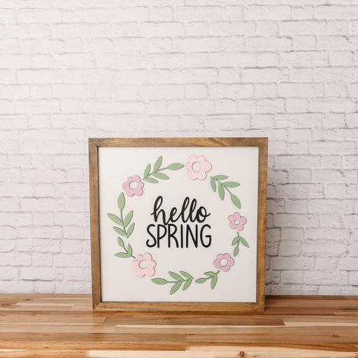 Hello Spring Wreath | 16x16 inch Wood Sign