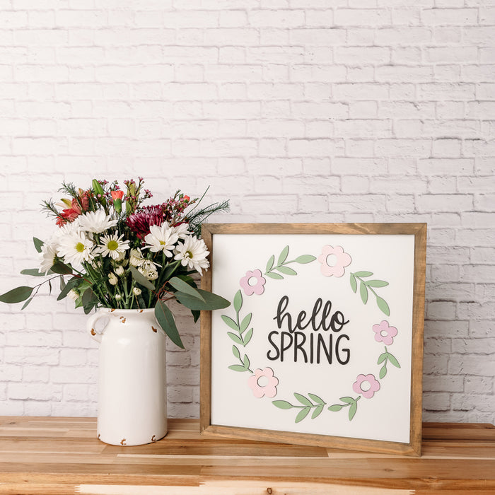 Hello Spring Wreath | 16x16 inch Wood Sign