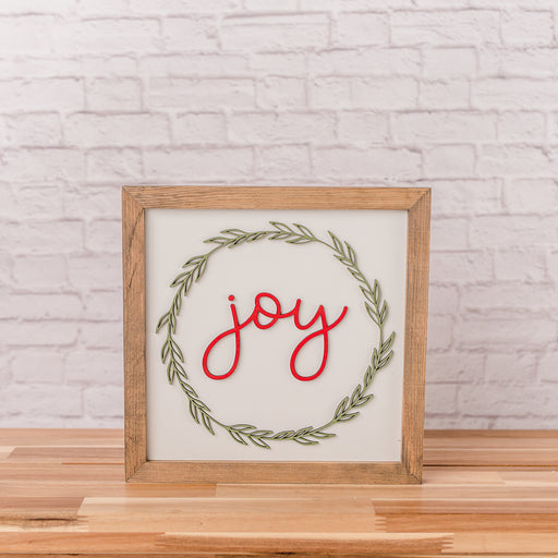 Joy Wreath Christmas Sign – 11x11 Inches – Red & Green Laser-Cut Design – Holiday Wood Decor