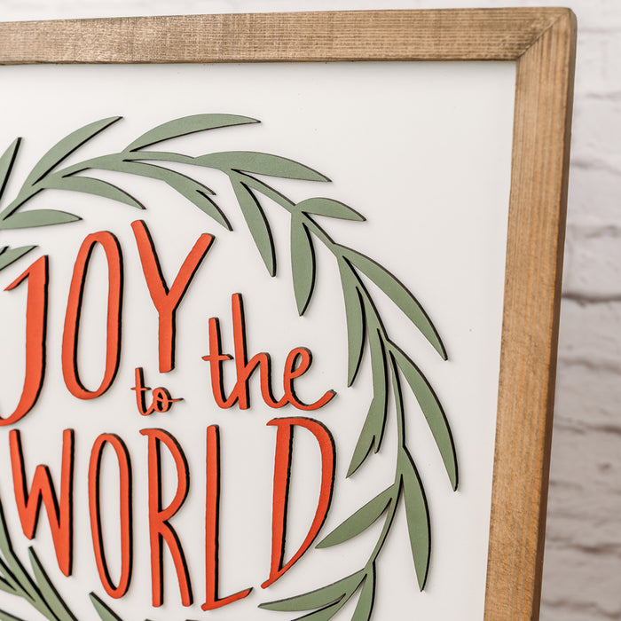 Joy to the World Wreath Sign – 14x14 Inches – 3D Laser-Cut Design – Weathered Walnut Frame