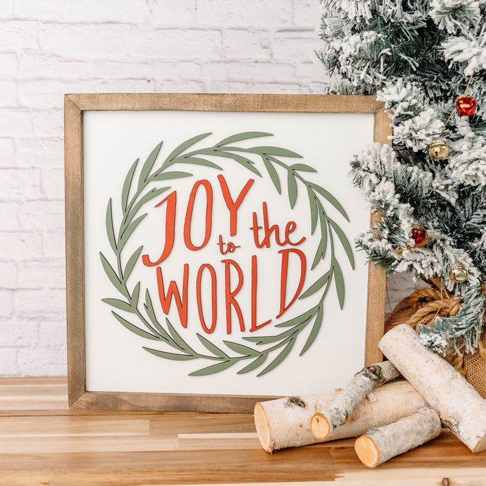 Joy to the World Wreath Sign – 14x14 Inches – 3D Laser-Cut Design – Weathered Walnut Frame