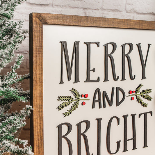 Merry and Bright Christmas Sign – 14x14 Inches – Black, Red & Green Lettering – Holiday Wood Decor