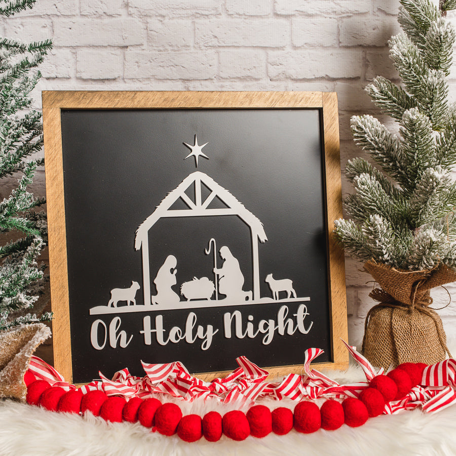 Oh Holy Night with Nativity | 14x14 inch Wood Sign | Christmas Sign