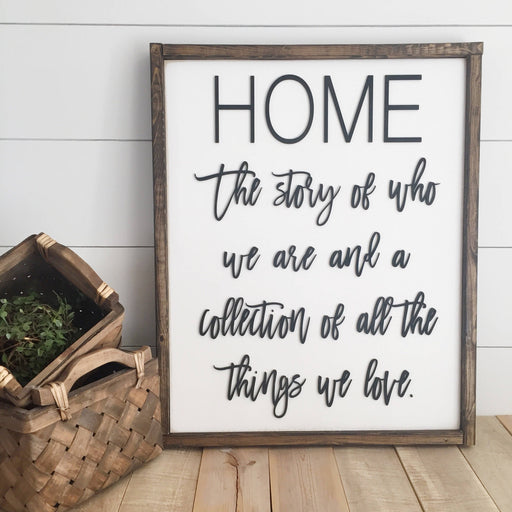 Home: The story of who we are... | 17x21 inch Wood Framed Sign | 3D Lettering